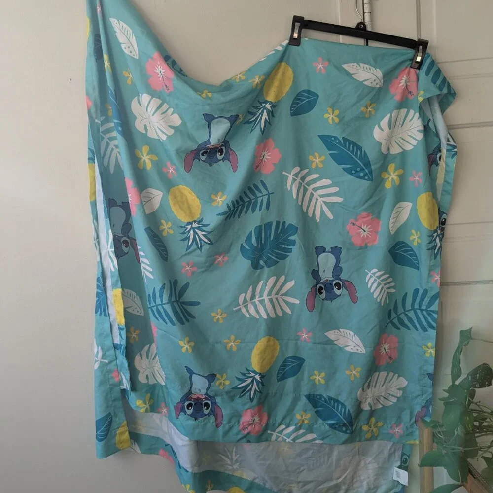 Disney Stitch Teal Twin Size Top Sheet Tropical Leaves Lilo and Stitch